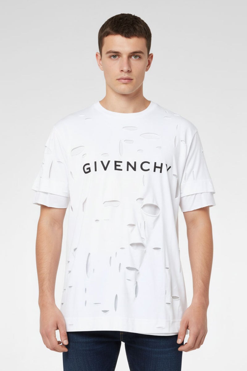 GIVENCHY تي شيرت رجالي بأكمام قصيرة وفتحة رقبة واسعة بشعار العلامة التجارية، أبيض - Image 2